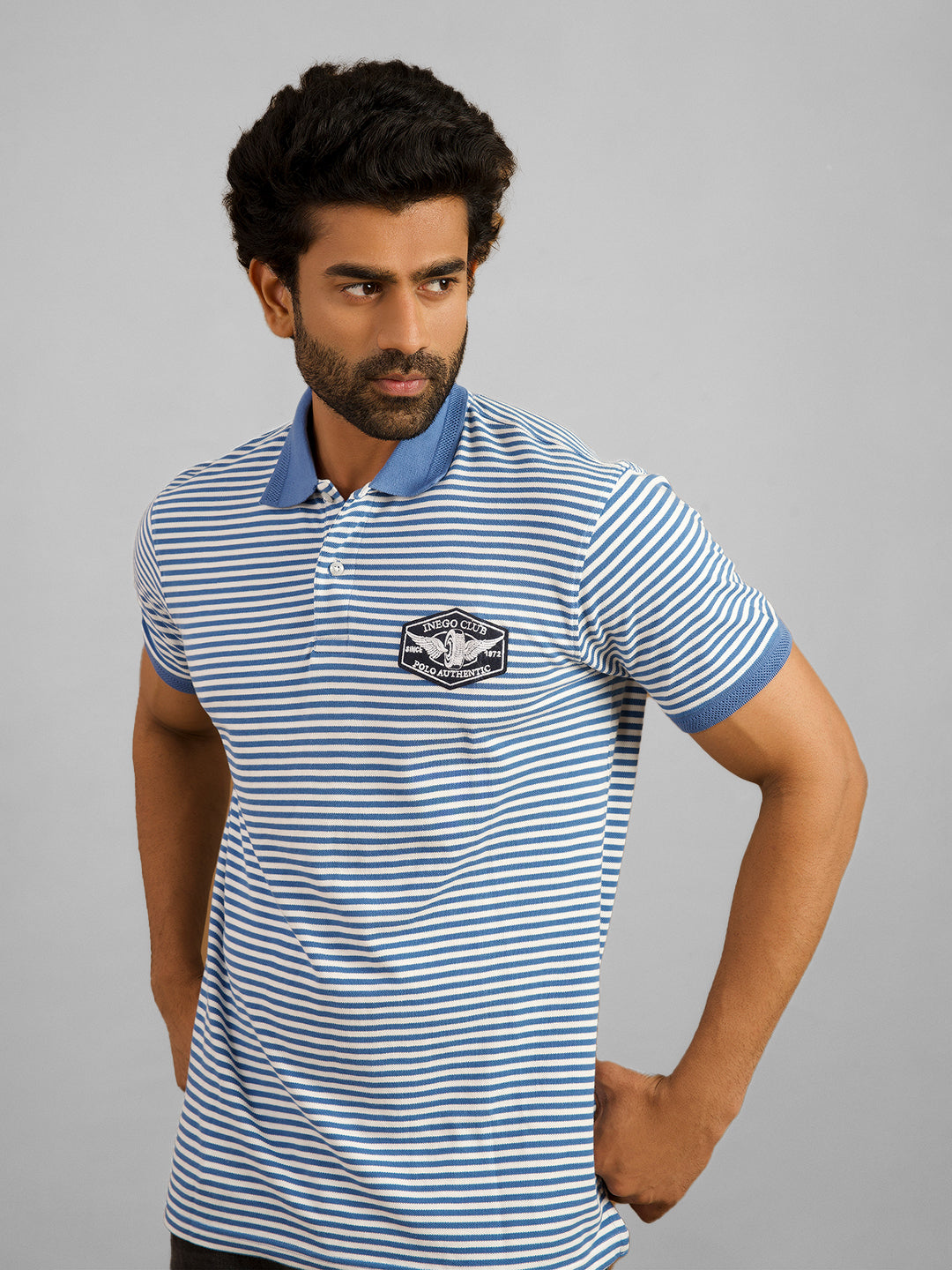 Inego Mens Striped Polo T-Shirt Half Sleeve Black Stripes Polo Collar 60% Cotton 40% Polyester Regular Fit (Black, Light Blue, Brown, Navy, Dark Red) Inego #color_Blue
