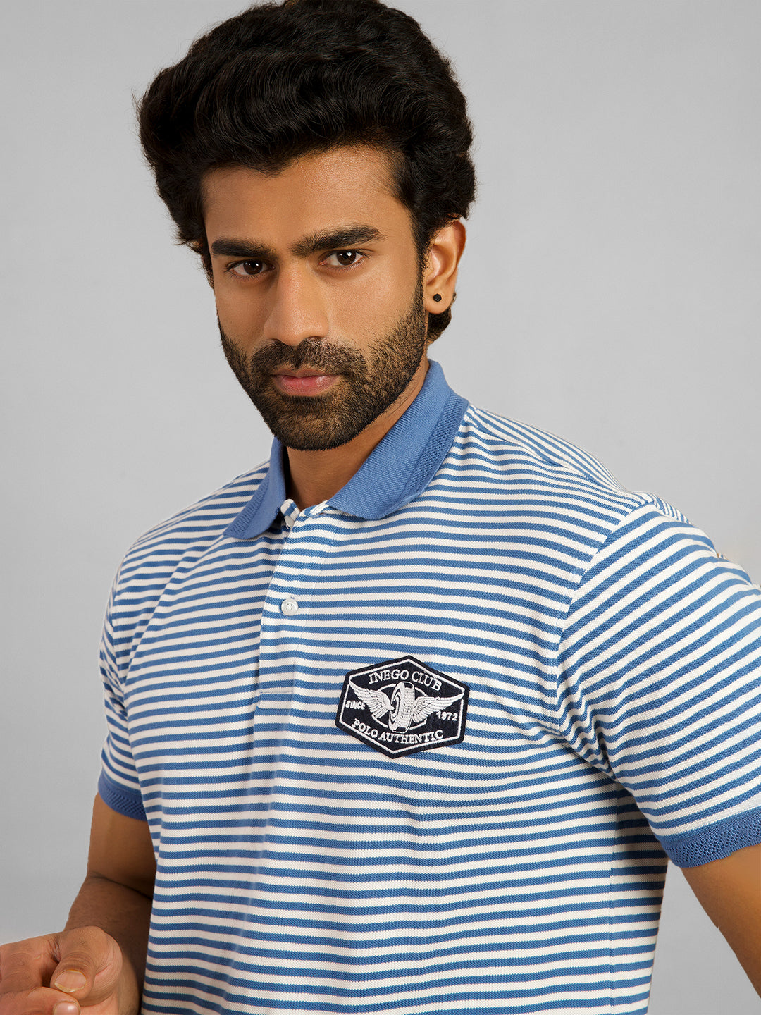 Inego Mens Striped Polo T-Shirt Half Sleeve Black Stripes Polo Collar 60% Cotton 40% Polyester Regular Fit (Black, Light Blue, Brown, Navy, Dark Red) Inego #color_Blue