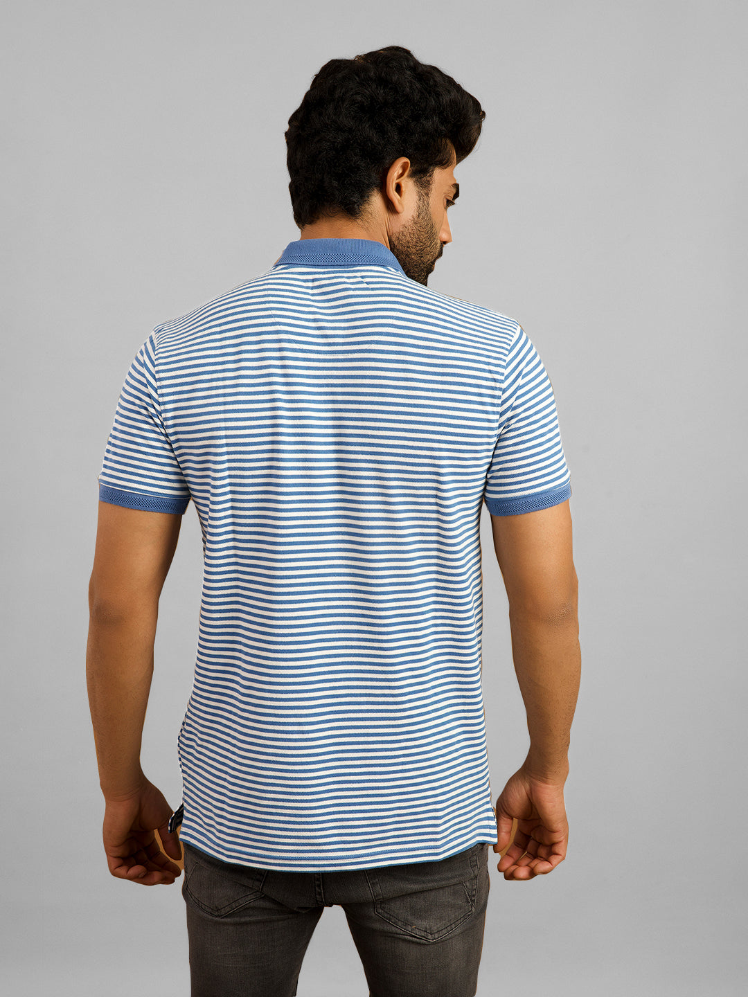 Inego Mens Striped Polo T-Shirt Half Sleeve Black Stripes Polo Collar 60% Cotton 40% Polyester Regular Fit (Black, Light Blue, Brown, Navy, Dark Red) Inego #color_Blue
