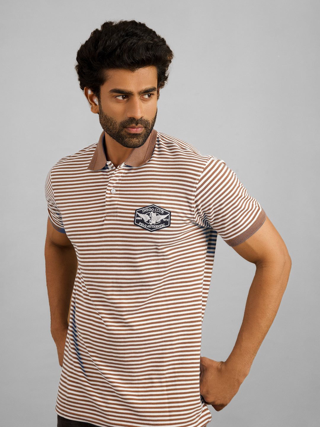 Inego Mens Striped Polo T-Shirt Half Sleeve Black Stripes Polo Collar 60% Cotton 40% Polyester Regular Fit (Black, Light Blue, Brown, Navy, Dark Red) Inego #color_Brown