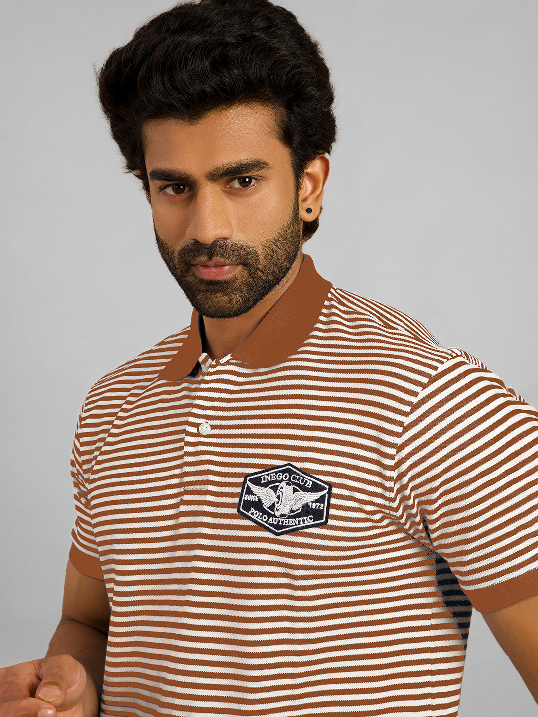 Inego Mens Striped Polo T-Shirt Half Sleeve Black Stripes Polo Collar 60% Cotton 40% Polyester Regular Fit (Black, Light Blue, Brown, Navy, Dark Red) Inego #color_Brown