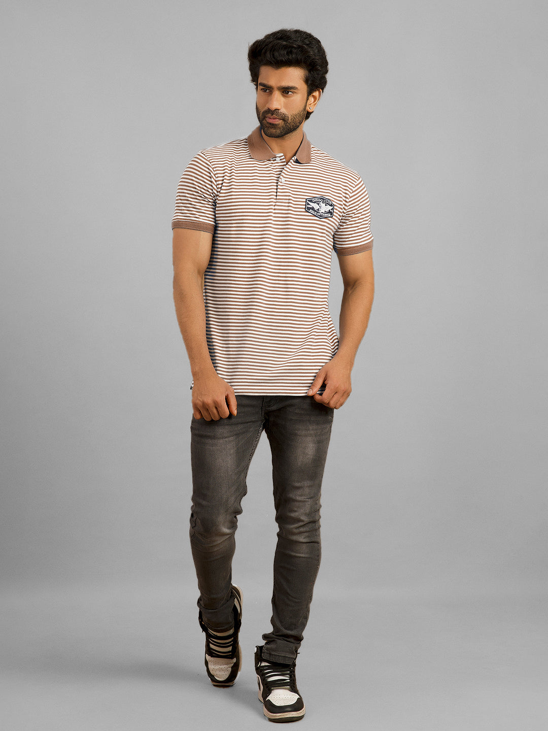 Inego Mens Striped Polo T-Shirt Half Sleeve Black Stripes Polo Collar 60% Cotton 40% Polyester Regular Fit (Black, Light Blue, Brown, Navy, Dark Red) Inego #color_Brown