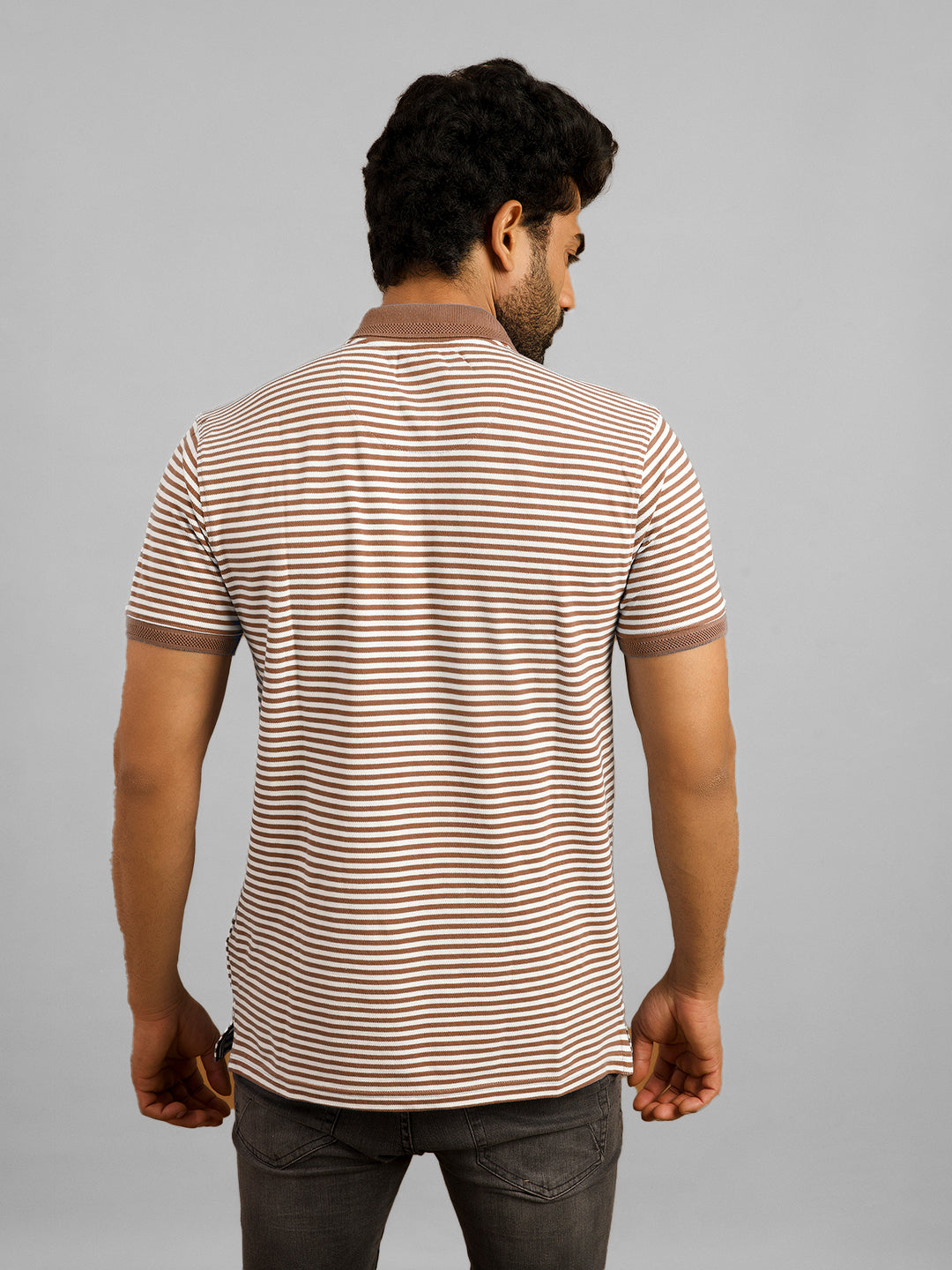 Inego Mens Striped Polo T-Shirt Half Sleeve Black Stripes Polo Collar 60% Cotton 40% Polyester Regular Fit (Black, Light Blue, Brown, Navy, Dark Red) Inego #color_Brown
