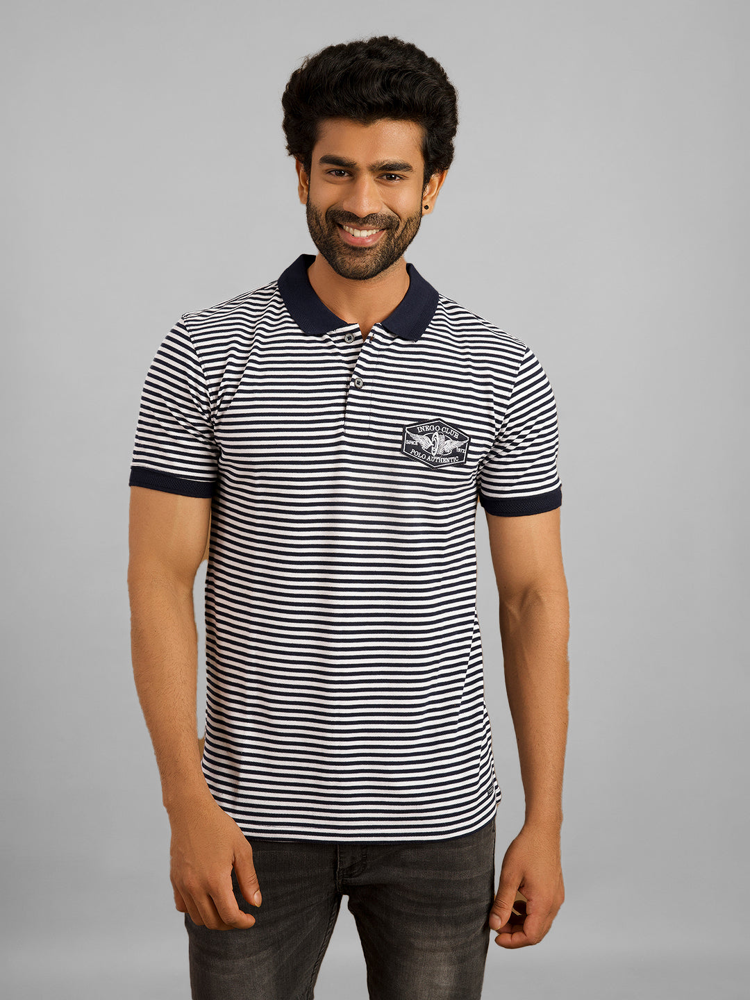 Inego Mens Striped Polo T-Shirt Half Sleeve Black Stripes Polo Collar 60% Cotton 40% Polyester Regular Fit (Black, Light Blue, Brown, Navy, Dark Red) Inego #color_Navy