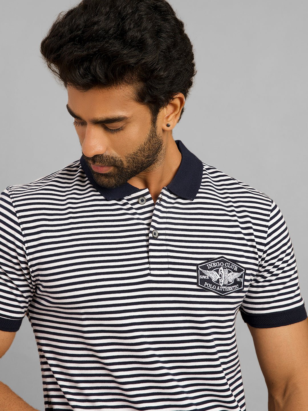 Inego Mens Striped Polo T-Shirt Half Sleeve Black Stripes Polo Collar 60% Cotton 40% Polyester Regular Fit (Black, Light Blue, Brown, Navy, Dark Red) Inego #color_Navy