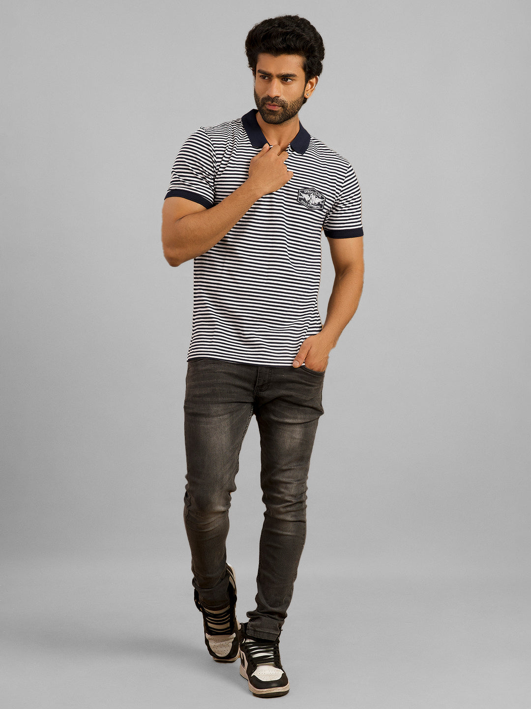 Inego Mens Striped Polo T-Shirt Half Sleeve Black Stripes Polo Collar 60% Cotton 40% Polyester Regular Fit (Black, Light Blue, Brown, Navy, Dark Red) Inego #color_Navy
