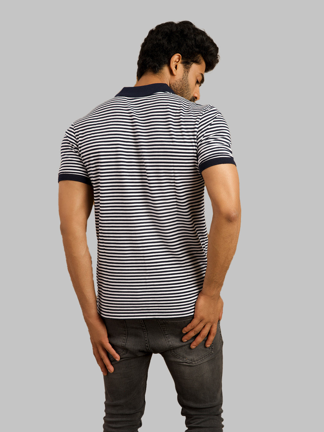 Inego Mens Striped Polo T-Shirt Half Sleeve Black Stripes Polo Collar 60% Cotton 40% Polyester Regular Fit (Black, Light Blue, Brown, Navy, Dark Red) Inego #color_Navy
