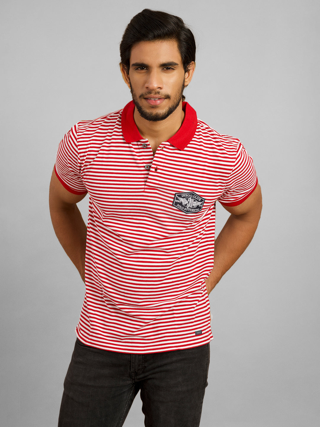 Inego Mens Striped Polo T-Shirt Half Sleeve Black Stripes Polo Collar 60% Cotton 40% Polyester Regular Fit (Black, Light Blue, Brown, Navy, Dark Red) Inego #color_Red