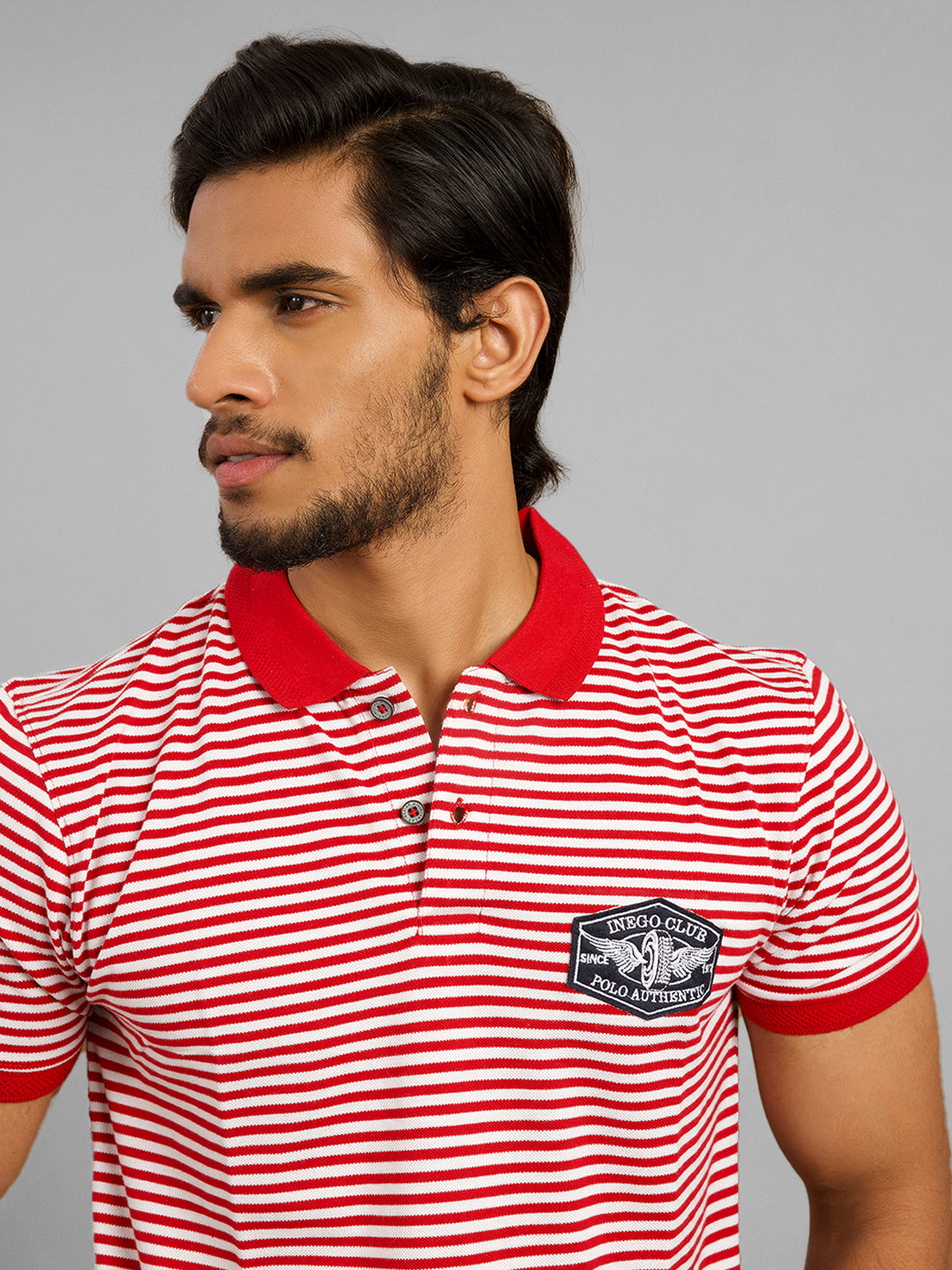 Inego Mens Striped Polo T-Shirt Half Sleeve Black Stripes Polo Collar 60% Cotton 40% Polyester Regular Fit (Black, Light Blue, Brown, Navy, Dark Red) Inego #color_Red