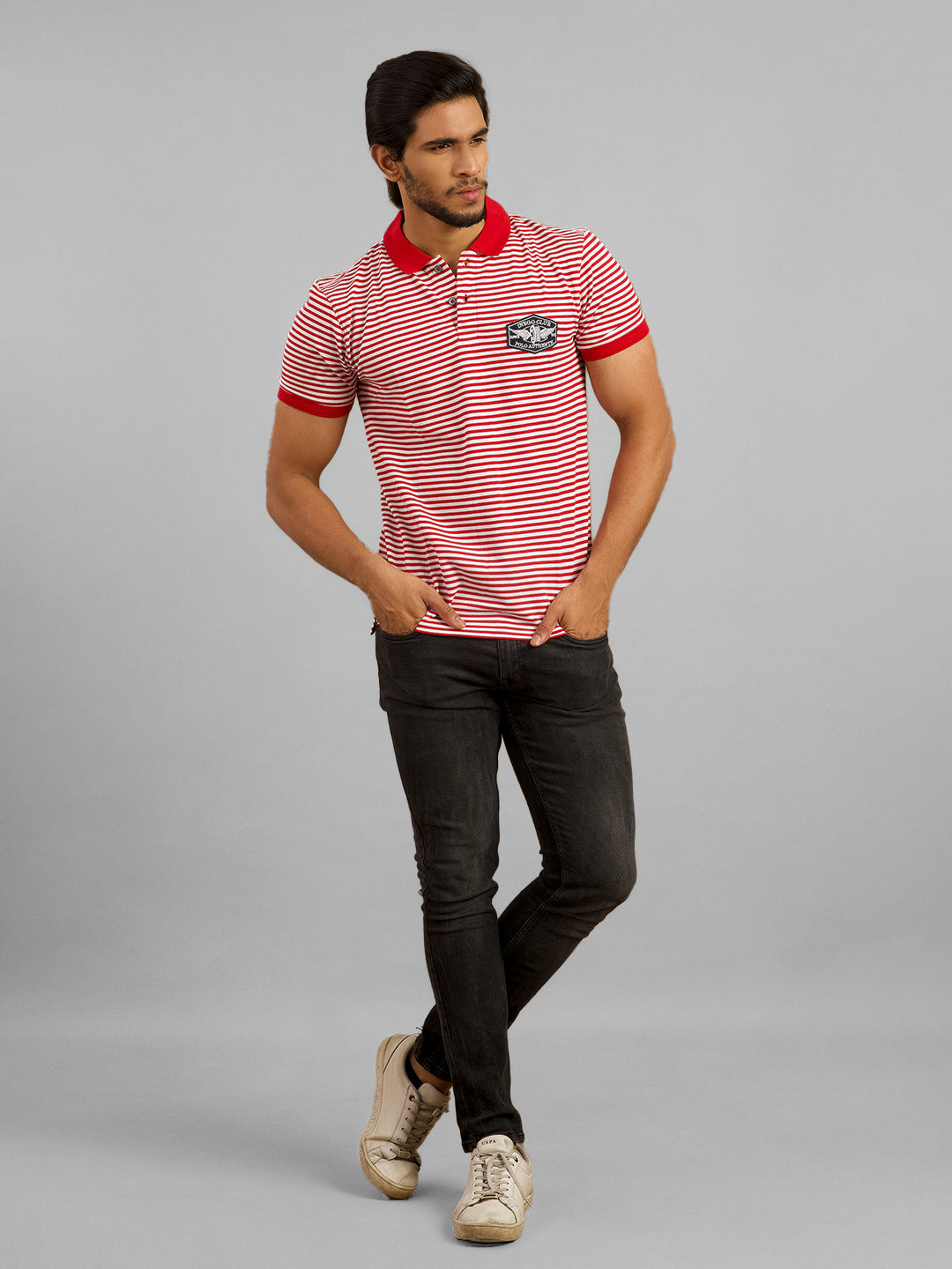 Inego Mens Striped Polo T-Shirt Half Sleeve Black Stripes Polo Collar 60% Cotton 40% Polyester Regular Fit (Black, Light Blue, Brown, Navy, Dark Red) Inego #color_Red