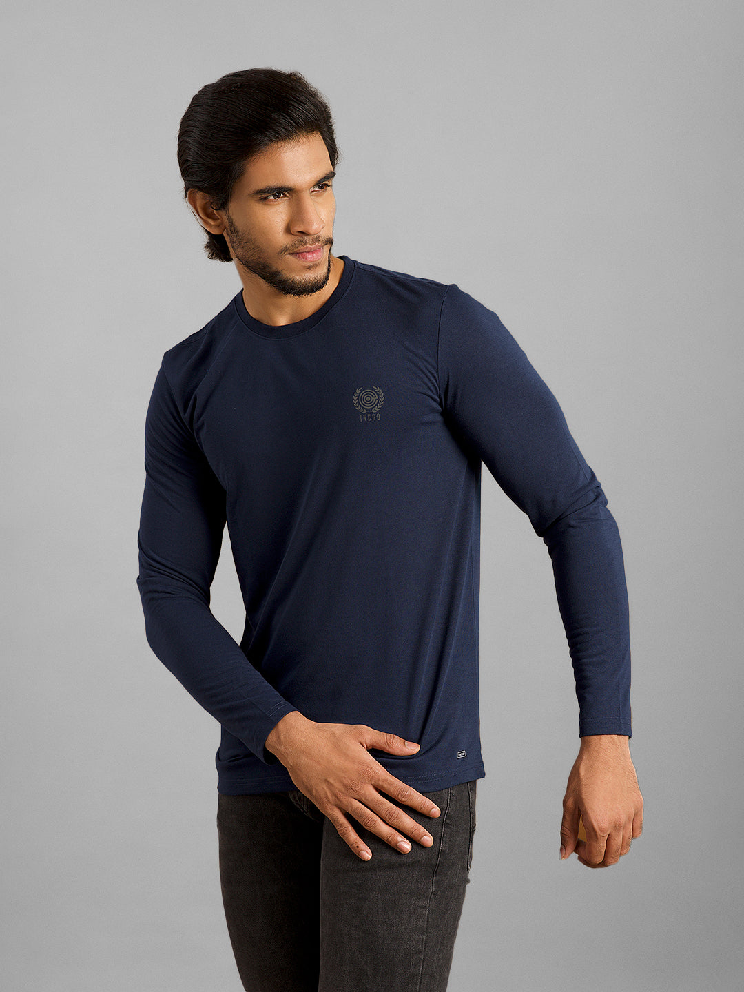 Inego Men Solid T Shirt Long Sleeve Solid Round Neck 100% Polyester Regular Fit (Astral Aura, Butterscotch, Burgundy, Bright White, Fanfare, Flame Scarlet, Ibiza Blue, Jet Black, Limestone, Scarab) #color_Navy