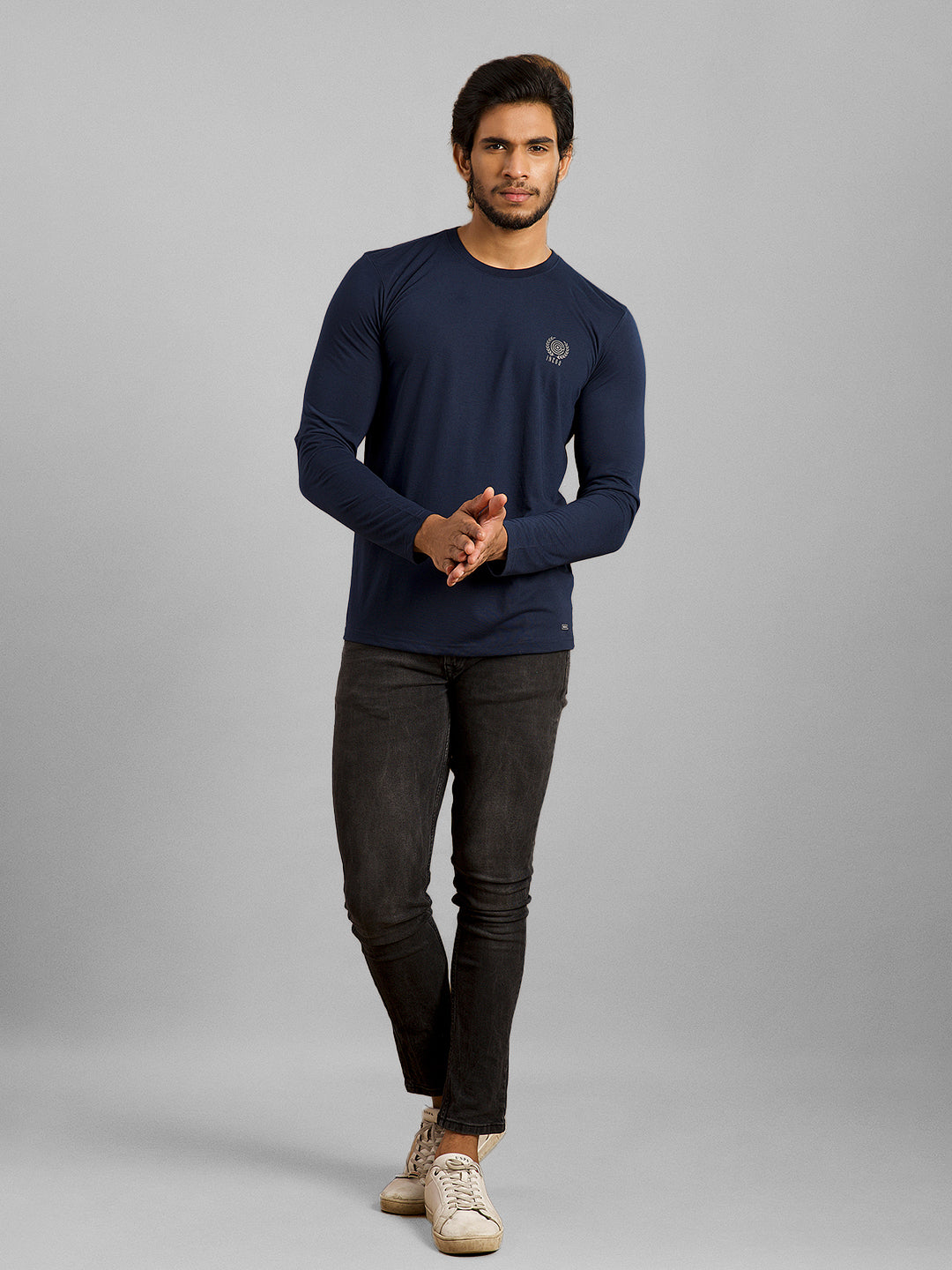 Inego Men Solid T Shirt Long Sleeve Solid Round Neck 100% Polyester Regular Fit (Astral Aura, Butterscotch, Burgundy, Bright White, Fanfare, Flame Scarlet, Ibiza Blue, Jet Black, Limestone, Scarab) #color_Navy