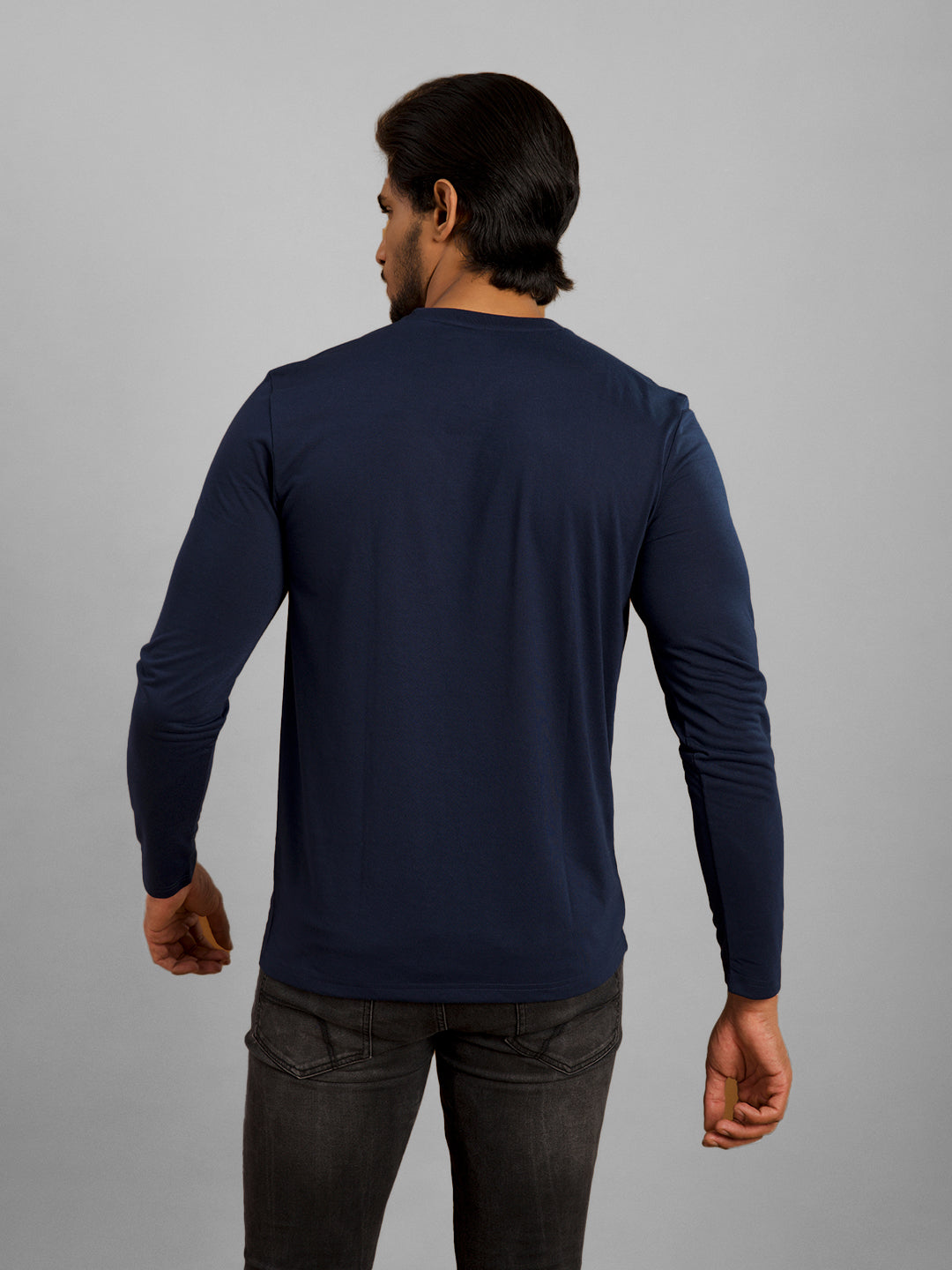 Inego Men Solid T Shirt Long Sleeve Solid Round Neck 100% Polyester Regular Fit (Astral Aura, Butterscotch, Burgundy, Bright White, Fanfare, Flame Scarlet, Ibiza Blue, Jet Black, Limestone, Scarab) #color_Navy
