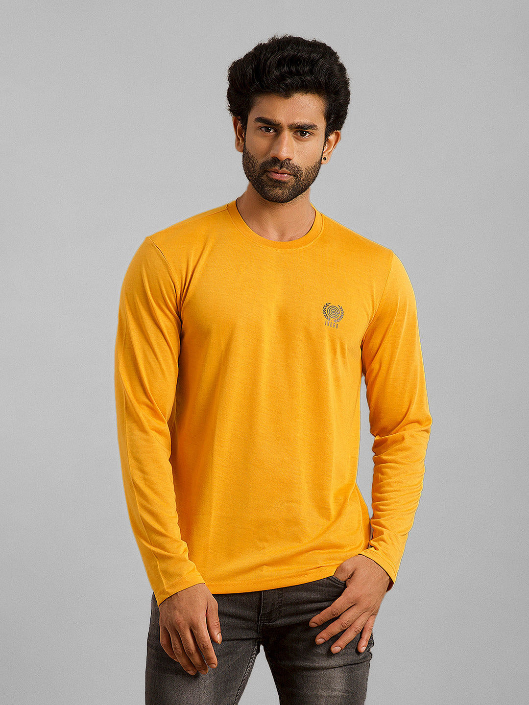 Inego Men Solid T Shirt Long Sleeve Solid Round Neck 100% Polyester Regular Fit (Astral Aura, Butterscotch, Burgundy, Bright White, Fanfare, Flame Scarlet, Ibiza Blue, Jet Black, Limestone, Scarab) #color_Mustard