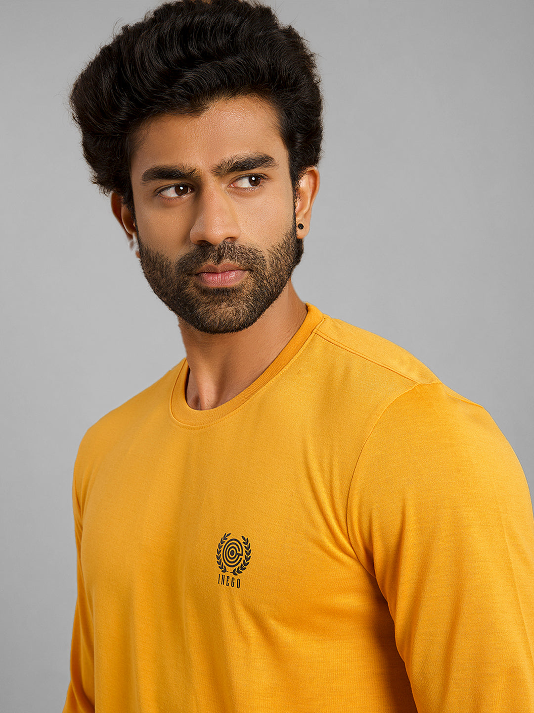 Inego Men Solid T Shirt Long Sleeve Solid Round Neck 100% Polyester Regular Fit (Astral Aura, Butterscotch, Burgundy, Bright White, Fanfare, Flame Scarlet, Ibiza Blue, Jet Black, Limestone, Scarab) #color_Mustard