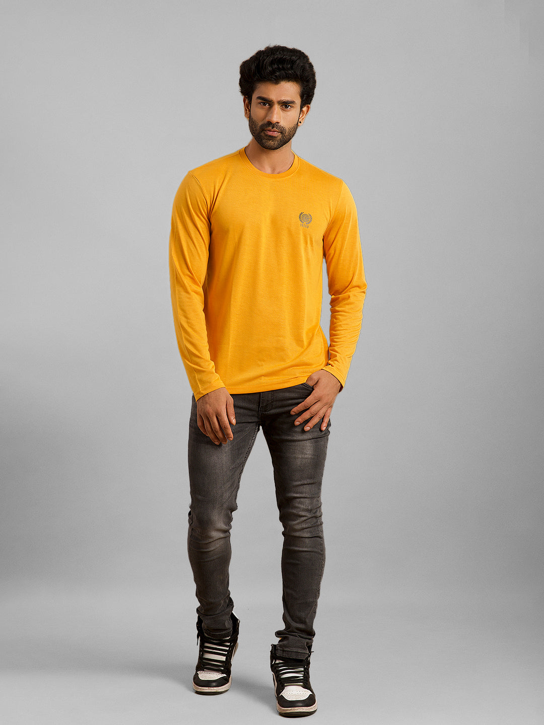 Inego Men Solid T Shirt Long Sleeve Solid Round Neck 100% Polyester Regular Fit (Astral Aura, Butterscotch, Burgundy, Bright White, Fanfare, Flame Scarlet, Ibiza Blue, Jet Black, Limestone, Scarab) #color_Mustard
