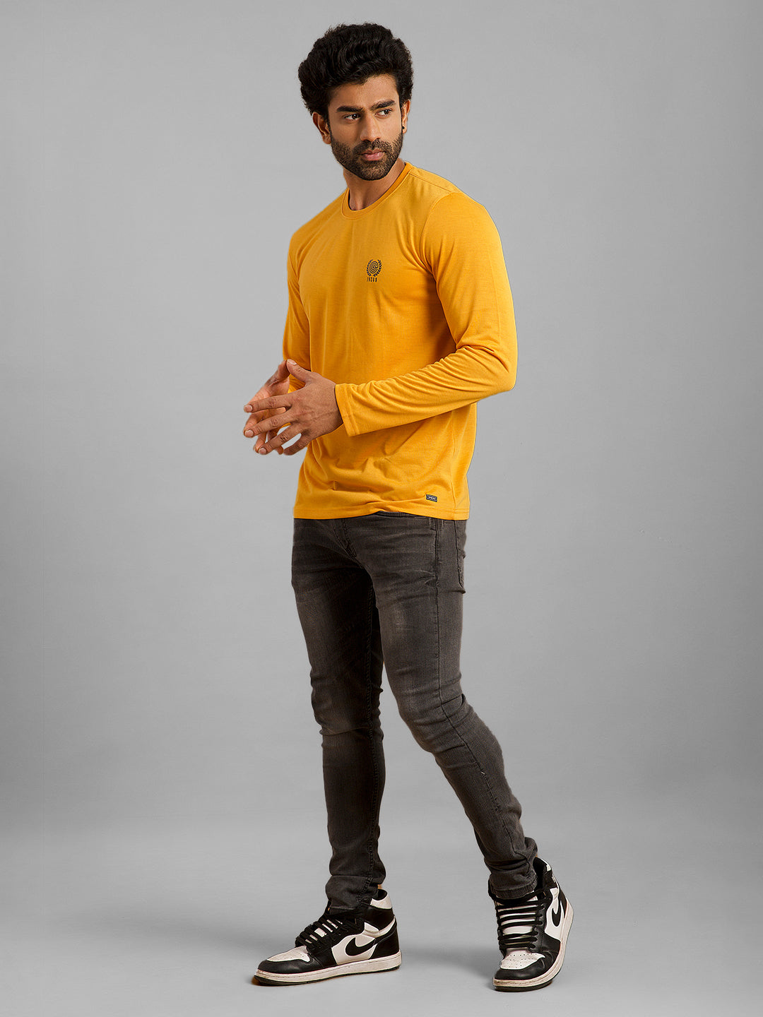 Inego Men Solid T Shirt Long Sleeve Solid Round Neck 100% Polyester Regular Fit (Astral Aura, Butterscotch, Burgundy, Bright White, Fanfare, Flame Scarlet, Ibiza Blue, Jet Black, Limestone, Scarab) #color_Mustard