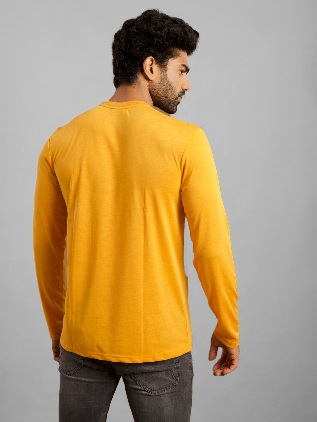 Inego Men Solid T Shirt Long Sleeve Solid Round Neck 100% Polyester Regular Fit (Astral Aura, Butterscotch, Burgundy, Bright White, Fanfare, Flame Scarlet, Ibiza Blue, Jet Black, Limestone, Scarab) #color_Mustard