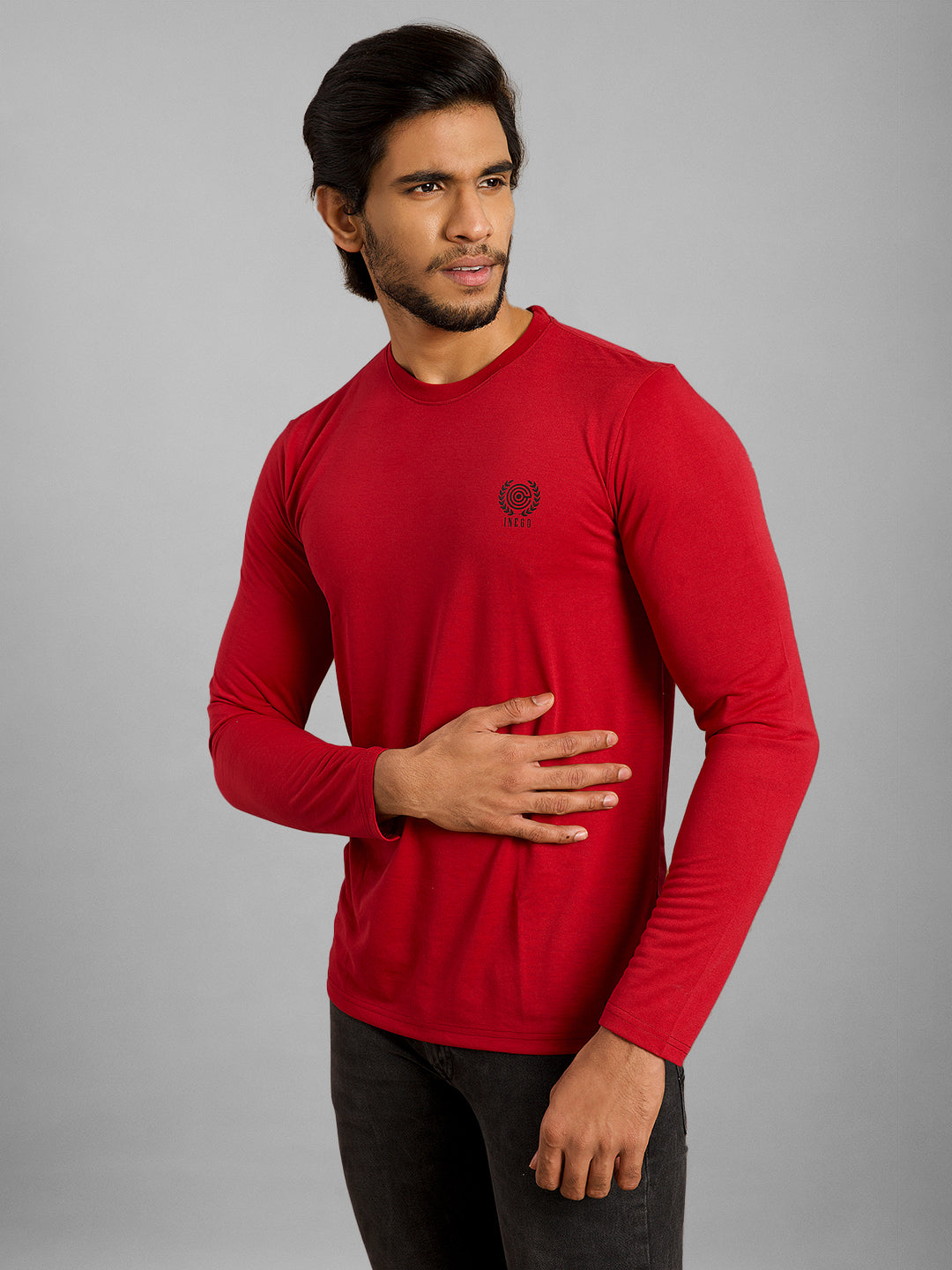 Inego Men Solid T Shirt Long Sleeve Solid Round Neck 100% Polyester Regular Fit (Astral Aura, Butterscotch, Burgundy, Bright White, Fanfare, Flame Scarlet, Ibiza Blue, Jet Black, Limestone, Scarab) #color_Burgundy