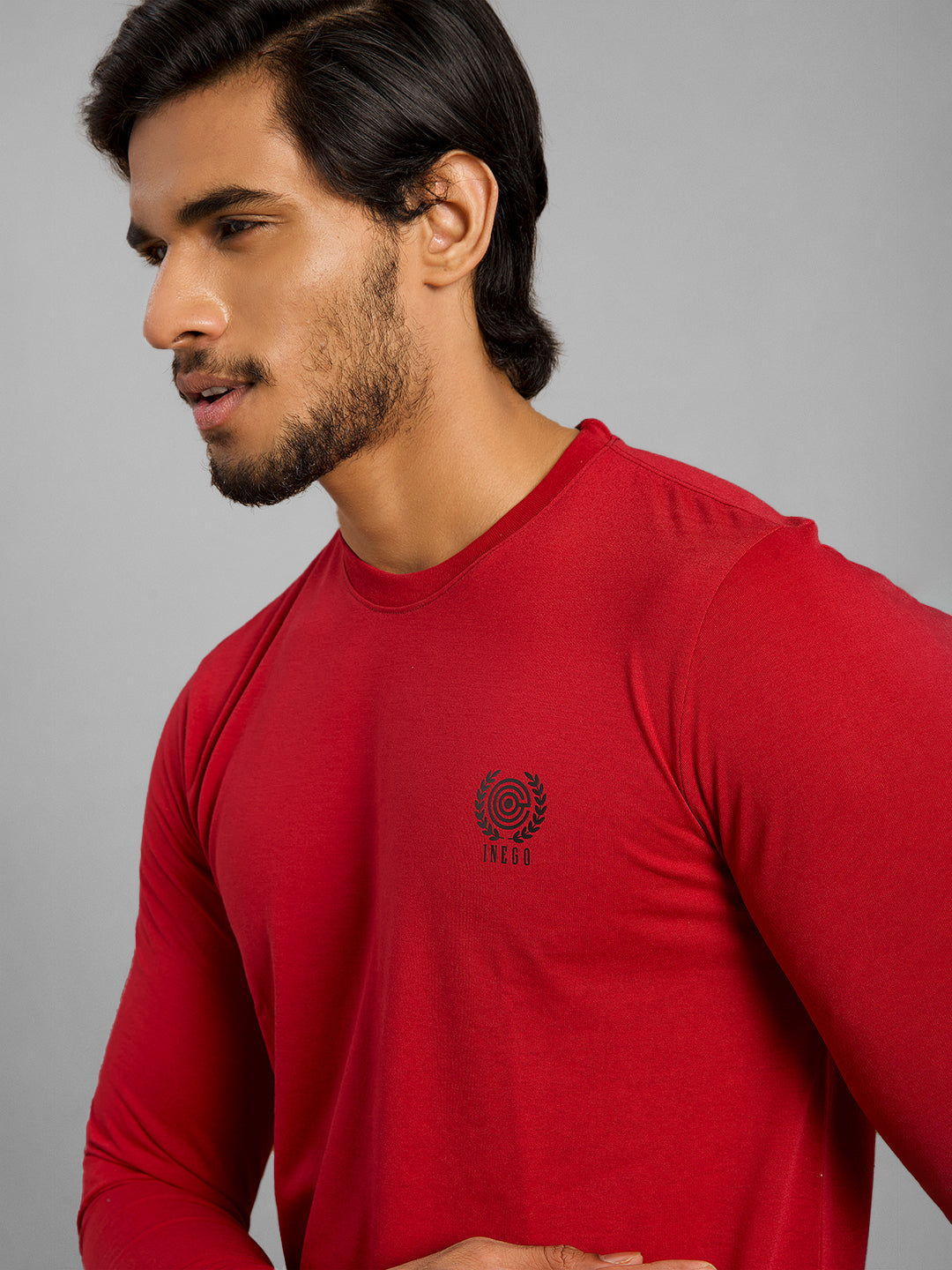 Inego Men Solid T Shirt Long Sleeve Solid Round Neck 100% Polyester Regular Fit (Astral Aura, Butterscotch, Burgundy, Bright White, Fanfare, Flame Scarlet, Ibiza Blue, Jet Black, Limestone, Scarab) #color_Burgundy