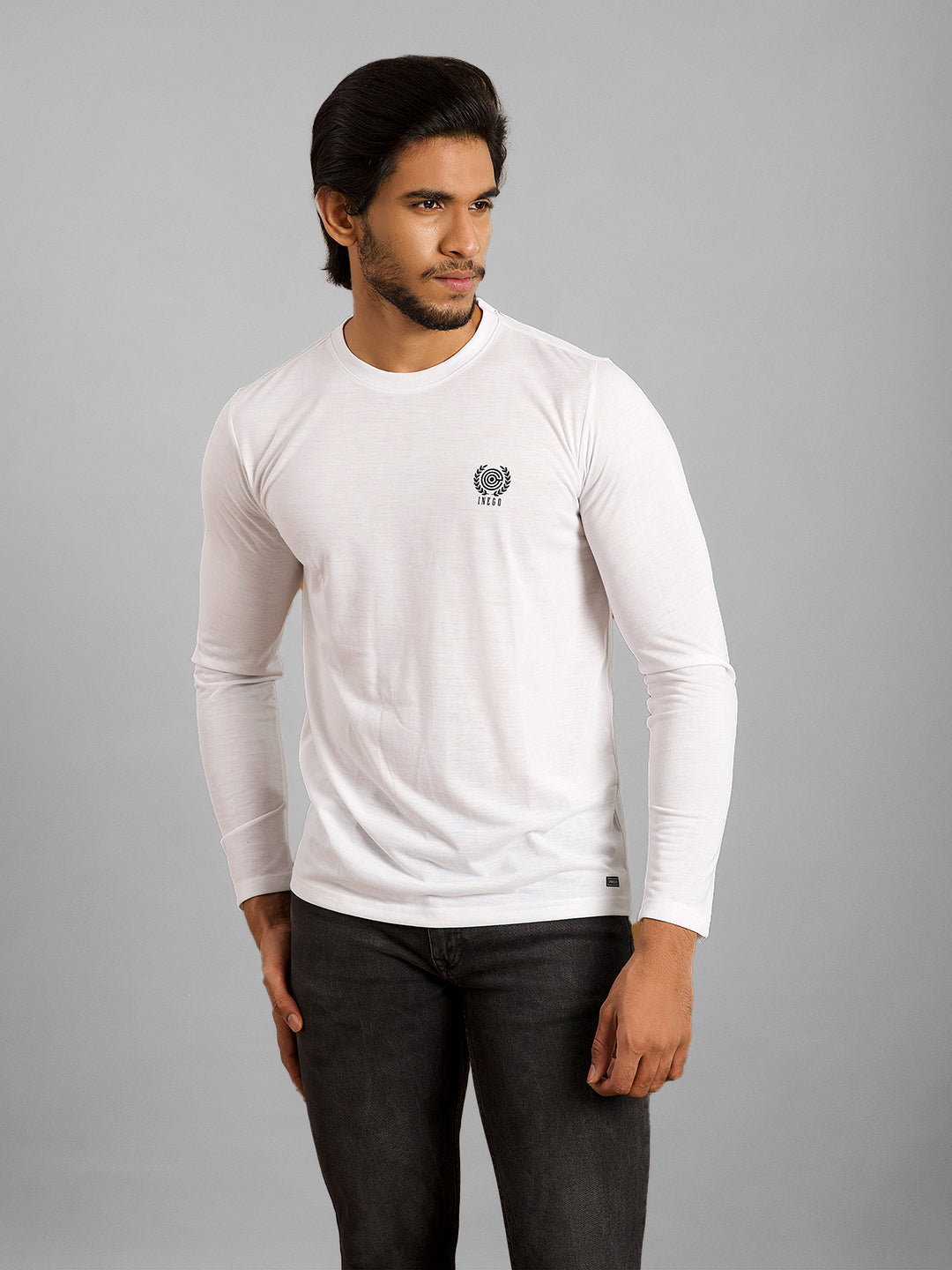 Inego Men Solid T Shirt Long Sleeve Solid Round Neck 100% Polyester Regular Fit (Astral Aura, Butterscotch, Burgundy, Bright White, Fanfare, Flame Scarlet, Ibiza Blue, Jet Black, Limestone, Scarab) #color_White