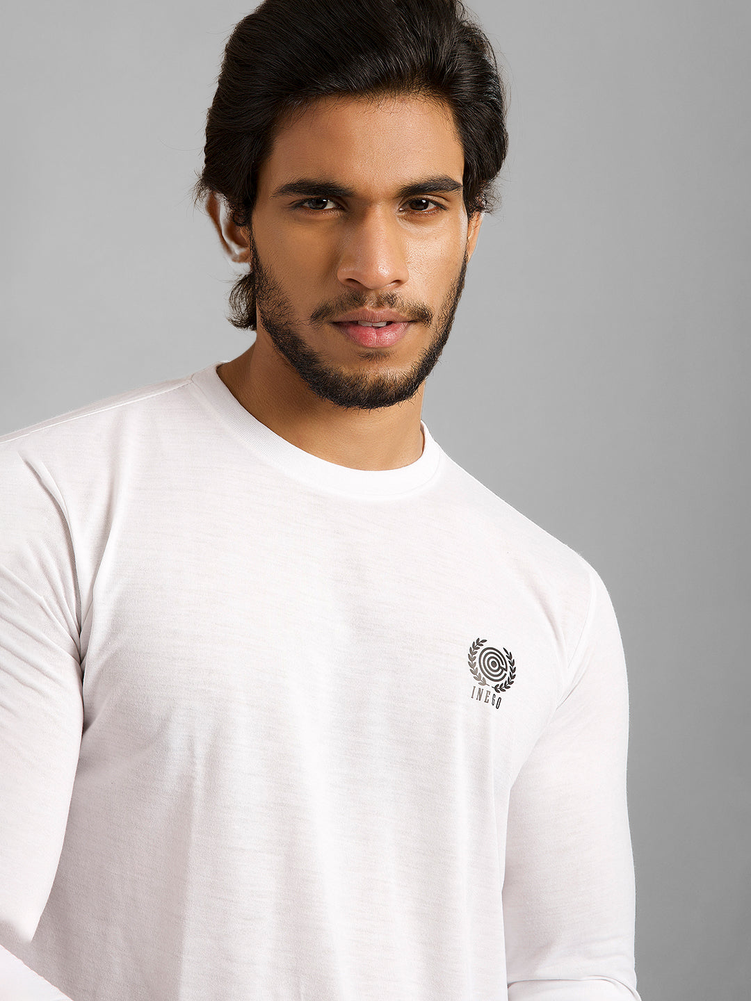Inego Men Solid T Shirt Long Sleeve Solid Round Neck 100% Polyester Regular Fit (Astral Aura, Butterscotch, Burgundy, Bright White, Fanfare, Flame Scarlet, Ibiza Blue, Jet Black, Limestone, Scarab) #color_White