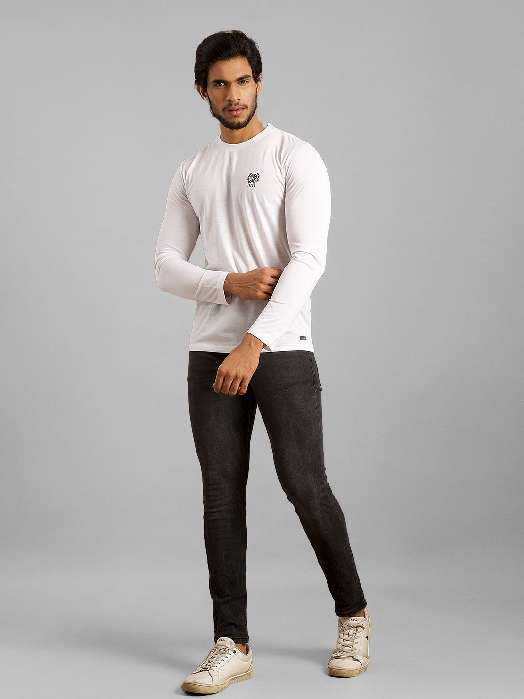 Inego Men Solid T Shirt Long Sleeve Solid Round Neck 100% Polyester Regular Fit (Astral Aura, Butterscotch, Burgundy, Bright White, Fanfare, Flame Scarlet, Ibiza Blue, Jet Black, Limestone, Scarab) #color_White