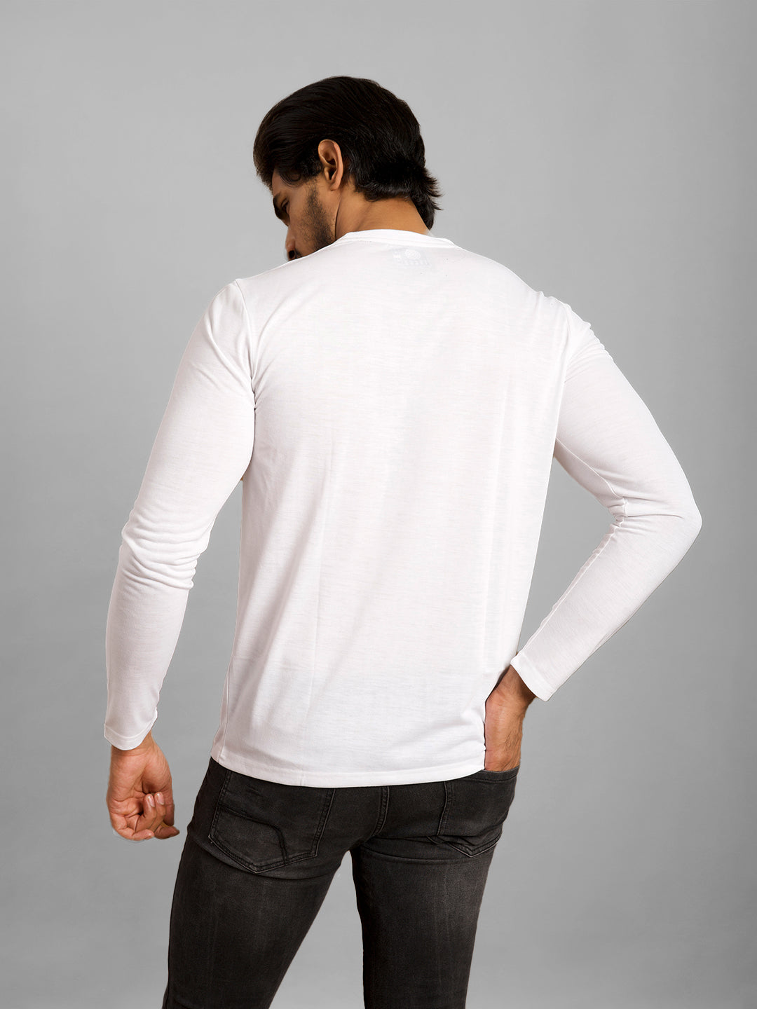 Inego Men Solid T Shirt Long Sleeve Solid Round Neck 100% Polyester Regular Fit (Astral Aura, Butterscotch, Burgundy, Bright White, Fanfare, Flame Scarlet, Ibiza Blue, Jet Black, Limestone, Scarab) #color_White