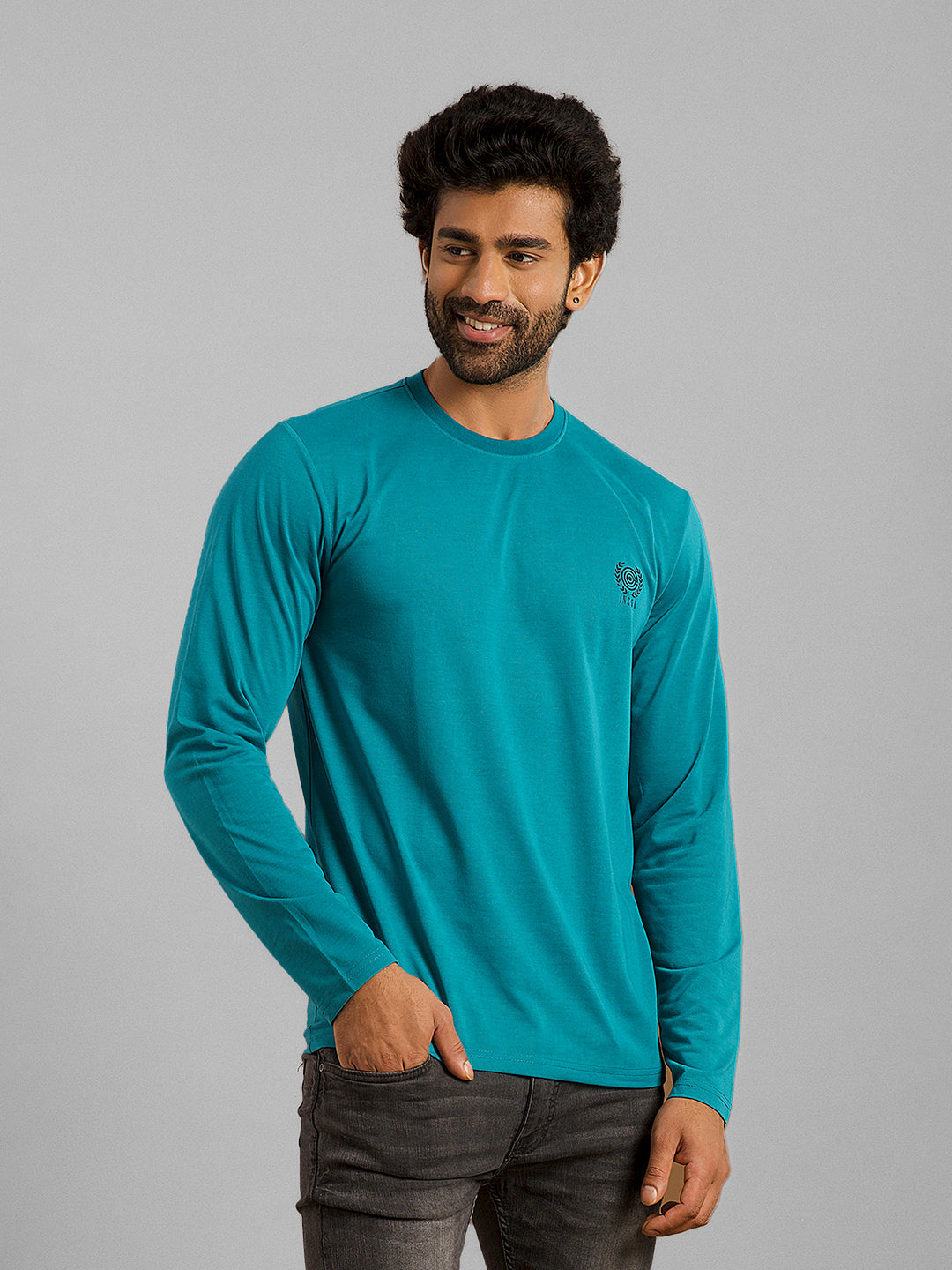 Inego Men Solid T Shirt Long Sleeve Solid Round Neck 100% Polyester Regular Fit (Astral Aura, Butterscotch, Burgundy, Bright White, Fanfare, Flame Scarlet, Ibiza Blue, Jet Black, Limestone, Scarab) #color_Teal
