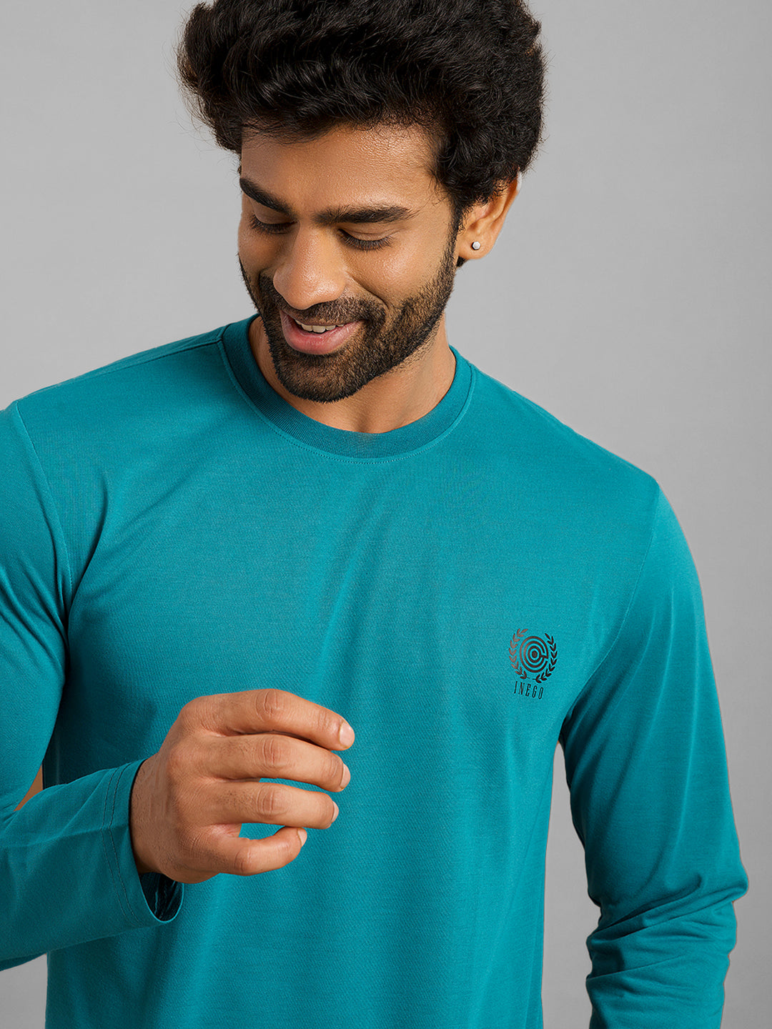 Inego Men Solid T Shirt Long Sleeve Solid Round Neck 100% Polyester Regular Fit (Astral Aura, Butterscotch, Burgundy, Bright White, Fanfare, Flame Scarlet, Ibiza Blue, Jet Black, Limestone, Scarab) #color_Teal