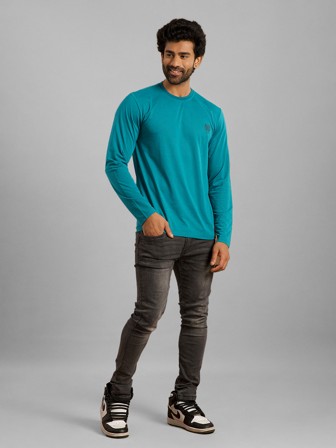 Inego Men Solid T Shirt Long Sleeve Solid Round Neck 100% Polyester Regular Fit (Astral Aura, Butterscotch, Burgundy, Bright White, Fanfare, Flame Scarlet, Ibiza Blue, Jet Black, Limestone, Scarab) #color_Teal