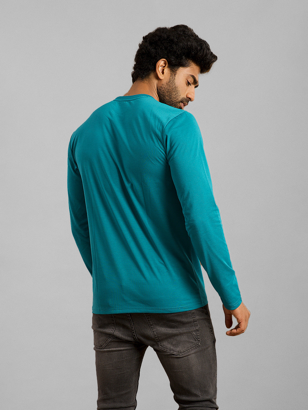 Inego Men Solid T Shirt Long Sleeve Solid Round Neck 100% Polyester Regular Fit (Astral Aura, Butterscotch, Burgundy, Bright White, Fanfare, Flame Scarlet, Ibiza Blue, Jet Black, Limestone, Scarab) #color_Teal