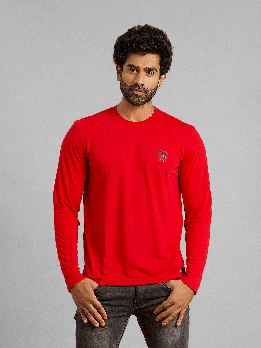 Inego Men Solid T Shirt Long Sleeve Solid Round Neck 100% Polyester Regular Fit (Astral Aura, Butterscotch, Burgundy, Bright White, Fanfare, Flame Scarlet, Ibiza Blue, Jet Black, Limestone, Scarab) #color_Red