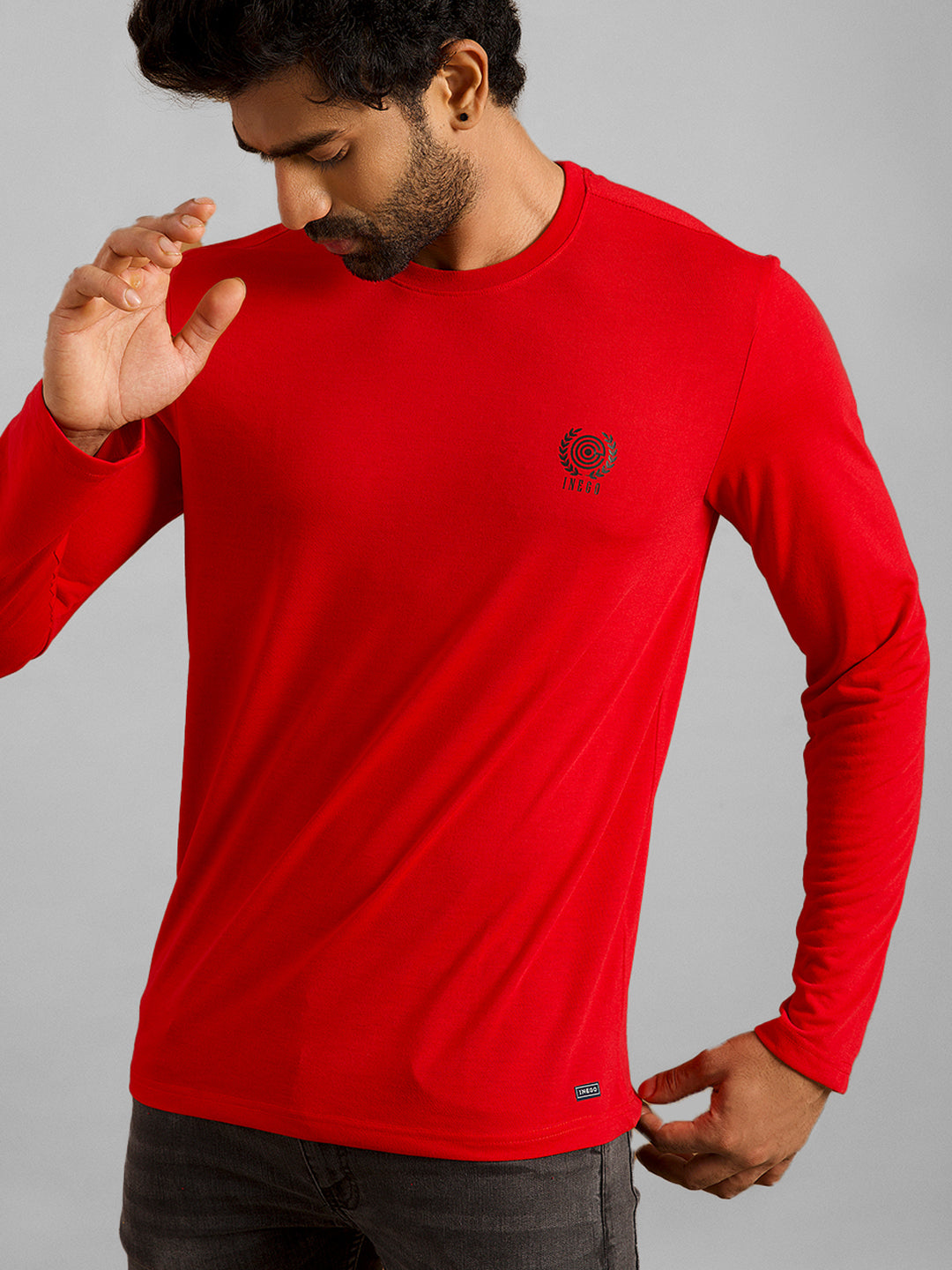 Inego Men Solid T Shirt Long Sleeve Solid Round Neck 100% Polyester Regular Fit (Astral Aura, Butterscotch, Burgundy, Bright White, Fanfare, Flame Scarlet, Ibiza Blue, Jet Black, Limestone, Scarab) #color_Red