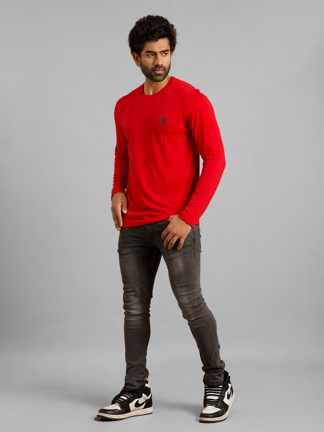 Inego Men Solid T Shirt Long Sleeve Solid Round Neck 100% Polyester Regular Fit (Astral Aura, Butterscotch, Burgundy, Bright White, Fanfare, Flame Scarlet, Ibiza Blue, Jet Black, Limestone, Scarab) #color_Red