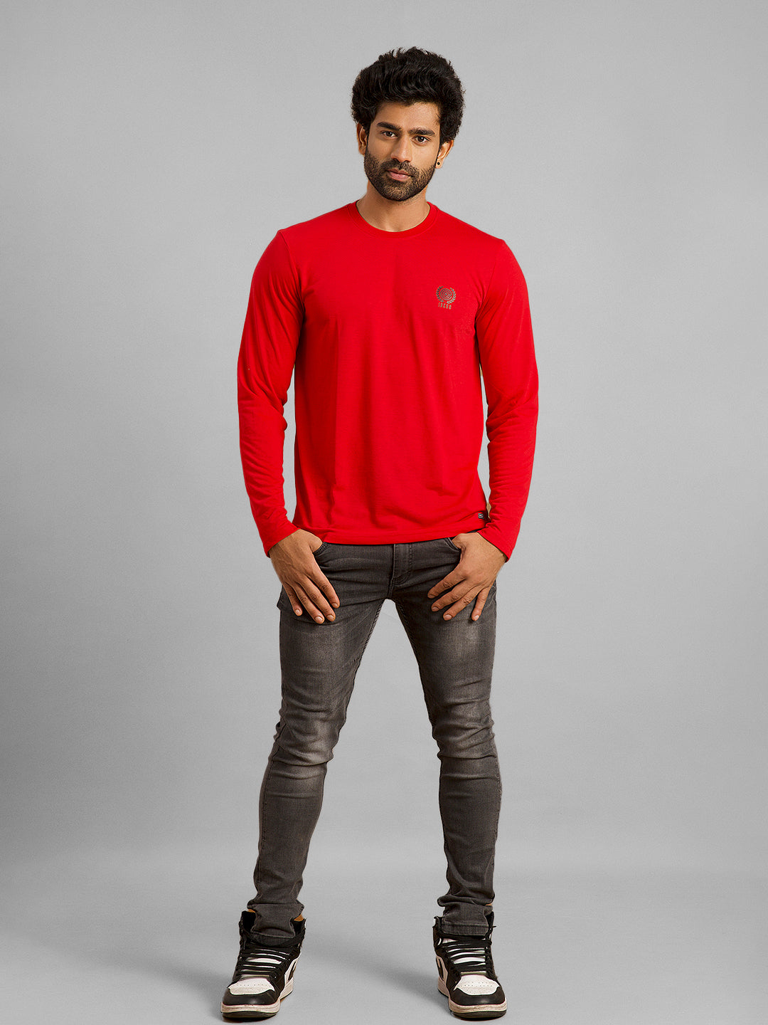 Inego Men Solid T Shirt Long Sleeve Solid Round Neck 100% Polyester Regular Fit (Astral Aura, Butterscotch, Burgundy, Bright White, Fanfare, Flame Scarlet, Ibiza Blue, Jet Black, Limestone, Scarab) #color_Red