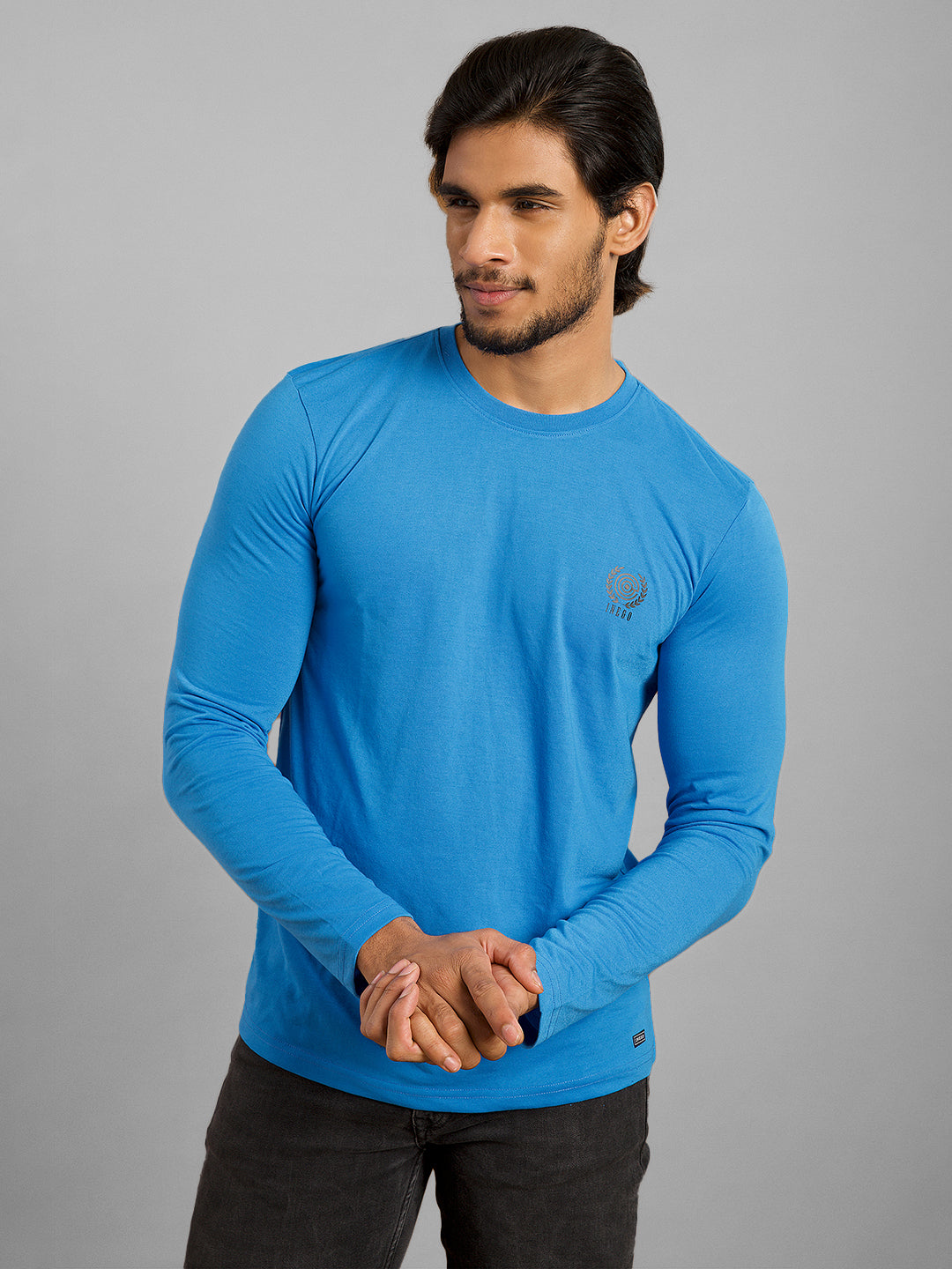 Inego Men Solid T Shirt Long Sleeve Solid Round Neck 100% Polyester Regular Fit (Astral Aura, Butterscotch, Burgundy, Bright White, Fanfare, Flame Scarlet, Ibiza Blue, Jet Black, Limestone, Scarab) #color_Blue