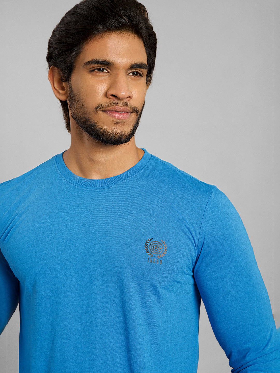 Inego Men Solid T Shirt Long Sleeve Solid Round Neck 100% Polyester Regular Fit (Astral Aura, Butterscotch, Burgundy, Bright White, Fanfare, Flame Scarlet, Ibiza Blue, Jet Black, Limestone, Scarab) #color_Blue