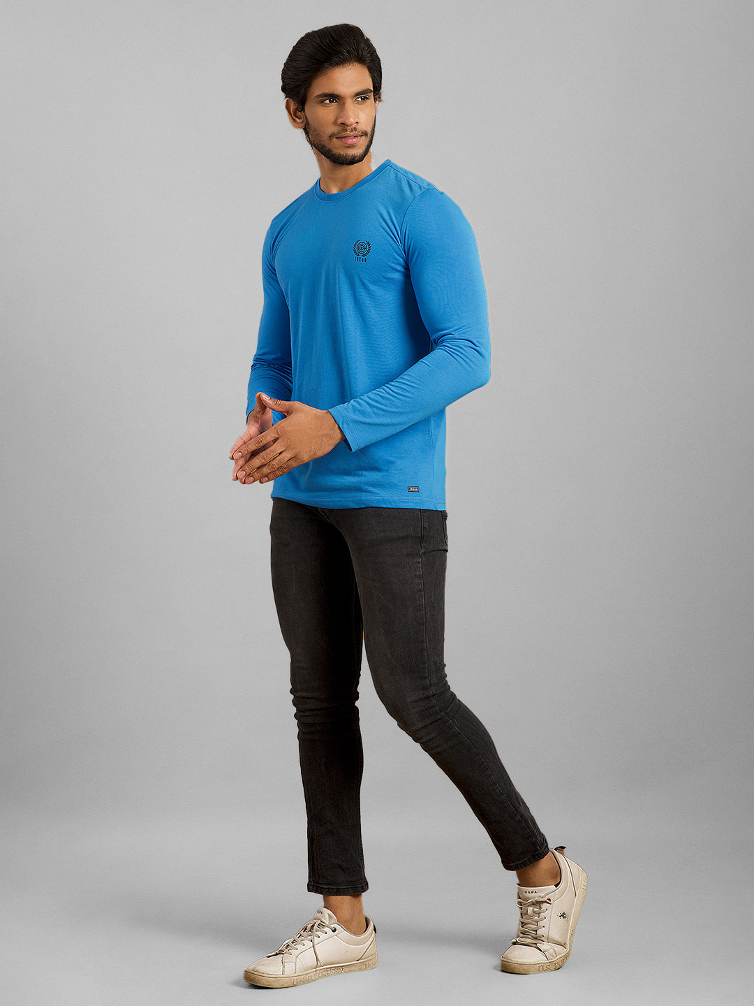 Inego Men Solid T Shirt Long Sleeve Solid Round Neck 100% Polyester Regular Fit (Astral Aura, Butterscotch, Burgundy, Bright White, Fanfare, Flame Scarlet, Ibiza Blue, Jet Black, Limestone, Scarab) #color_Blue