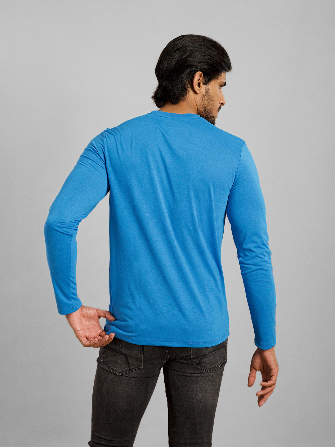 Inego Men Solid T Shirt Long Sleeve Solid Round Neck 100% Polyester Regular Fit (Astral Aura, Butterscotch, Burgundy, Bright White, Fanfare, Flame Scarlet, Ibiza Blue, Jet Black, Limestone, Scarab) #color_Blue