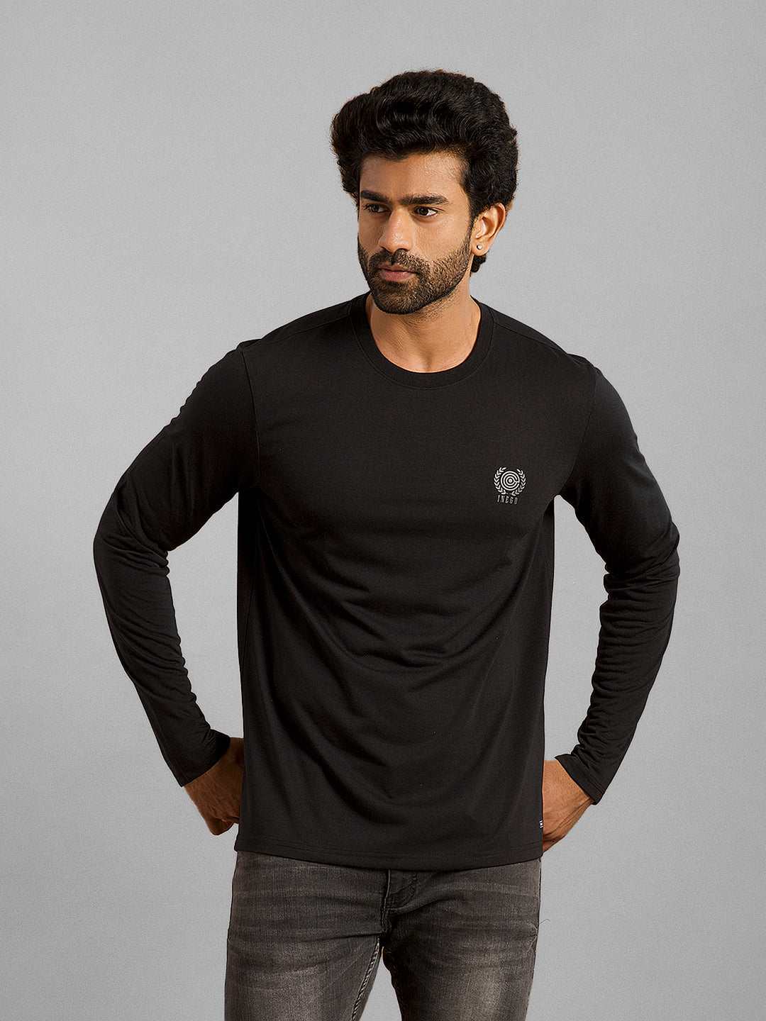 Inego Men Solid T Shirt Long Sleeve Solid Round Neck 100% Polyester Regular Fit (Astral Aura, Butterscotch, Burgundy, Bright White, Fanfare, Flame Scarlet, Ibiza Blue, Jet Black, Limestone, Scarab) #color_Black