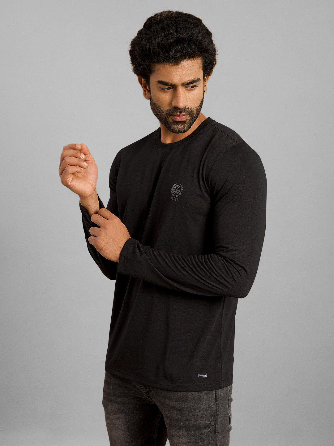 Inego Men Solid T Shirt Long Sleeve Solid Round Neck 100% Polyester Regular Fit (Astral Aura, Butterscotch, Burgundy, Bright White, Fanfare, Flame Scarlet, Ibiza Blue, Jet Black, Limestone, Scarab) #color_Black