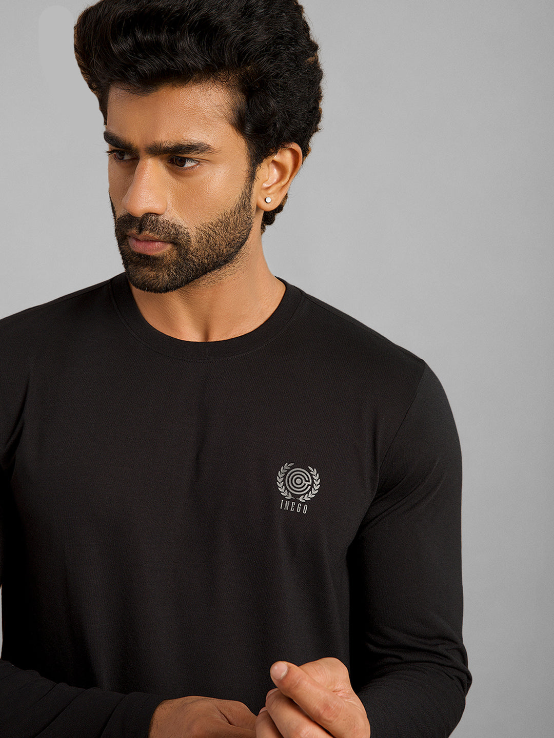 Inego Men Solid T Shirt Long Sleeve Solid Round Neck 100% Polyester Regular Fit (Astral Aura, Butterscotch, Burgundy, Bright White, Fanfare, Flame Scarlet, Ibiza Blue, Jet Black, Limestone, Scarab) #color_Black