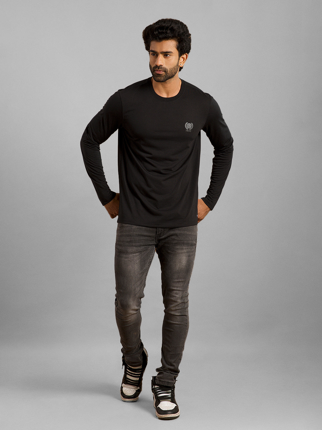 Inego Men Solid T Shirt Long Sleeve Solid Round Neck 100% Polyester Regular Fit (Astral Aura, Butterscotch, Burgundy, Bright White, Fanfare, Flame Scarlet, Ibiza Blue, Jet Black, Limestone, Scarab) #color_Black
