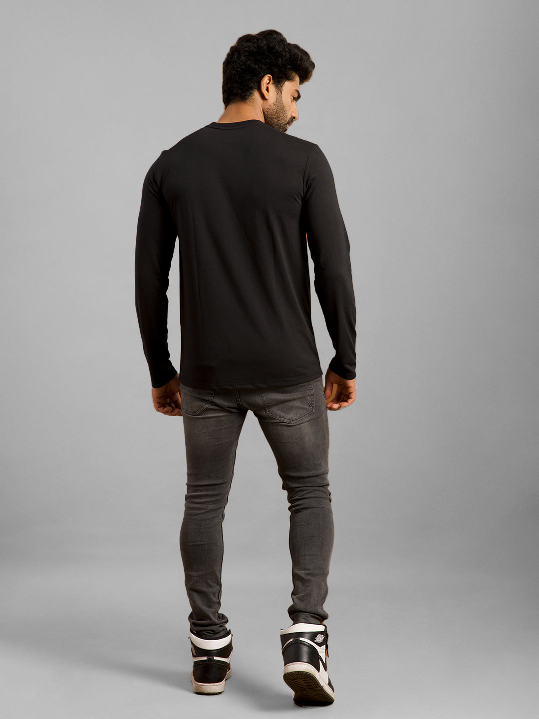 Inego Men Solid T Shirt Long Sleeve Solid Round Neck 100% Polyester Regular Fit (Astral Aura, Butterscotch, Burgundy, Bright White, Fanfare, Flame Scarlet, Ibiza Blue, Jet Black, Limestone, Scarab) #color_Black