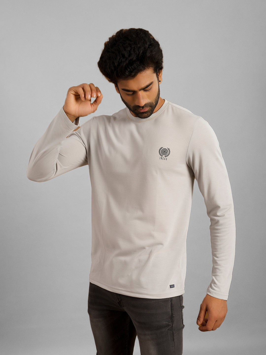 Inego Men Solid T Shirt Long Sleeve Solid Round Neck 100% Polyester Regular Fit (Astral Aura, Butterscotch, Burgundy, Bright White, Fanfare, Flame Scarlet, Ibiza Blue, Jet Black, Limestone, Scarab) #color_Grey