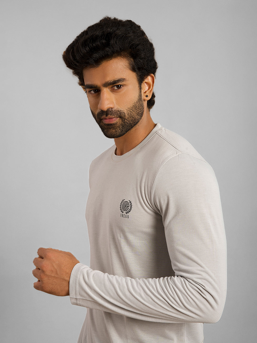 Inego Men Solid T Shirt Long Sleeve Solid Round Neck 100% Polyester Regular Fit (Astral Aura, Butterscotch, Burgundy, Bright White, Fanfare, Flame Scarlet, Ibiza Blue, Jet Black, Limestone, Scarab) #color_Grey