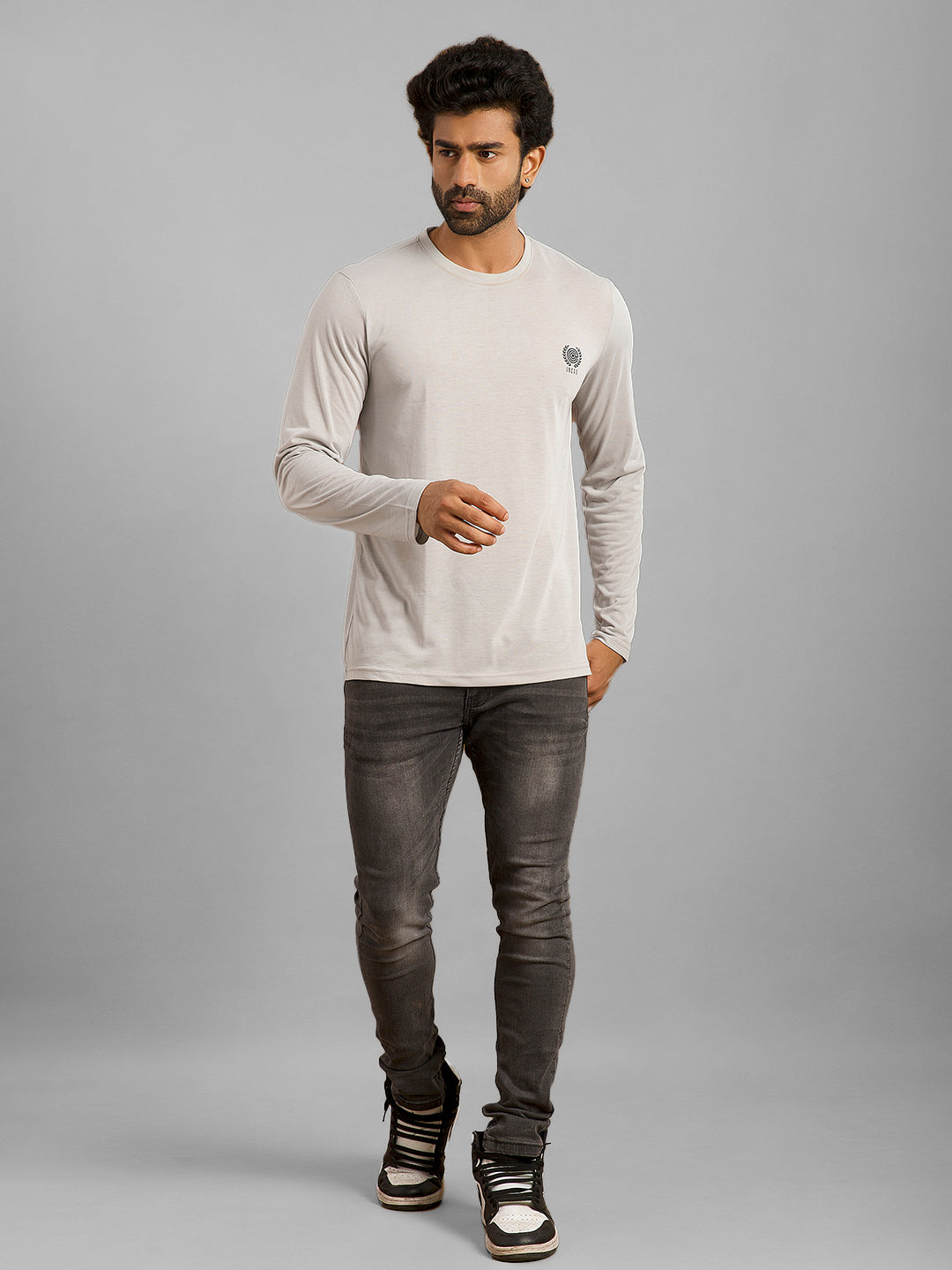 Inego Men Solid T Shirt Long Sleeve Solid Round Neck 100% Polyester Regular Fit (Astral Aura, Butterscotch, Burgundy, Bright White, Fanfare, Flame Scarlet, Ibiza Blue, Jet Black, Limestone, Scarab) #color_Grey