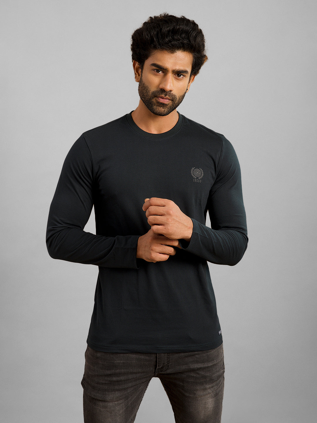 Inego Men Solid T Shirt Long Sleeve Solid Round Neck 100% Polyester Regular Fit (Astral Aura, Butterscotch, Burgundy, Bright White, Fanfare, Flame Scarlet, Ibiza Blue, Jet Black, Limestone, Scarab) #color_Dark Navy