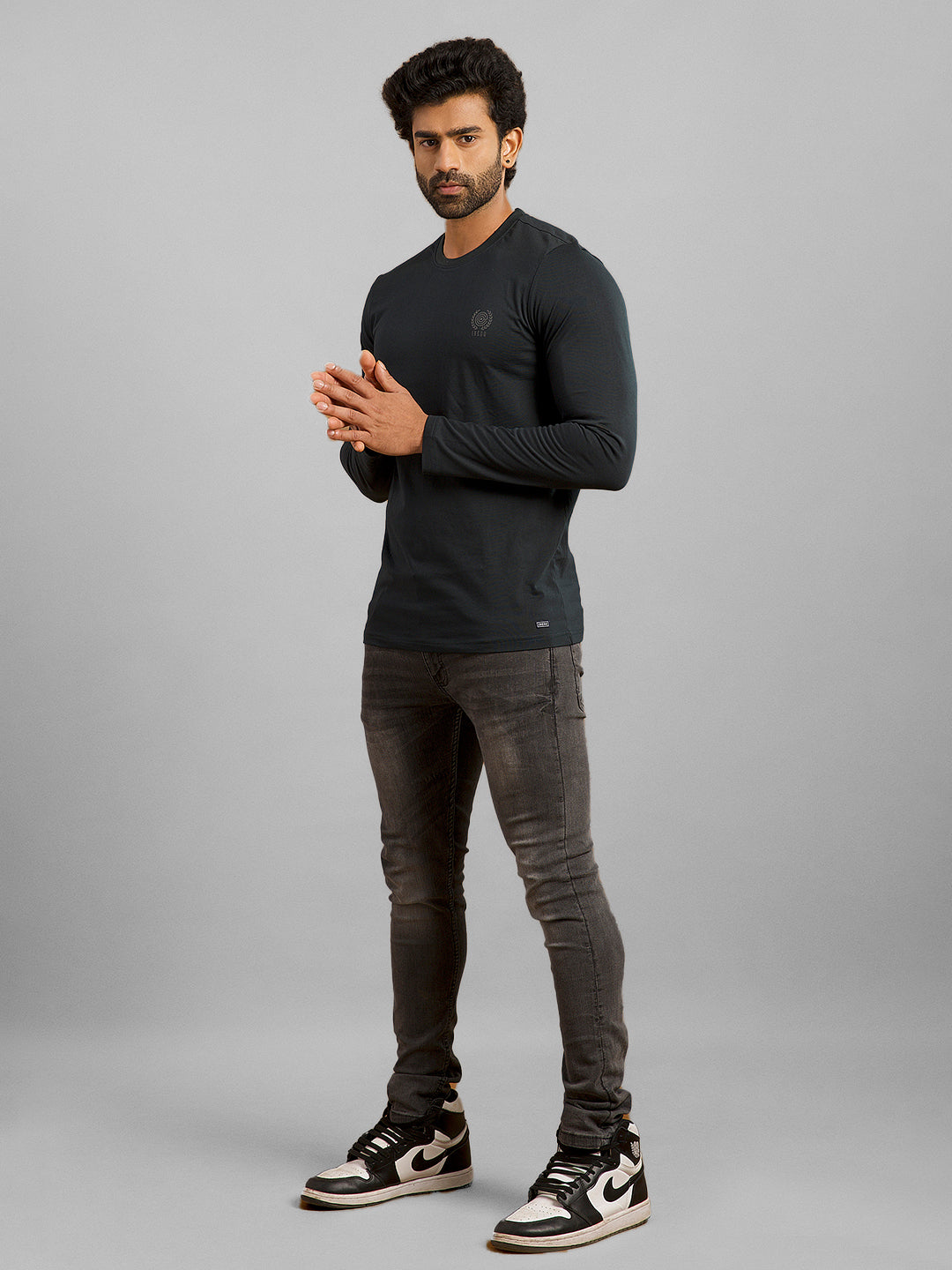 Inego Men Solid T Shirt Long Sleeve Solid Round Neck 100% Polyester Regular Fit (Astral Aura, Butterscotch, Burgundy, Bright White, Fanfare, Flame Scarlet, Ibiza Blue, Jet Black, Limestone, Scarab) #color_Dark Navy